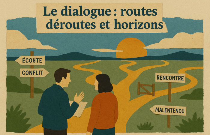 Illustration symbolique représentant deux personnes au croisement de chemins divergents, évoquant les parcours du dialogue